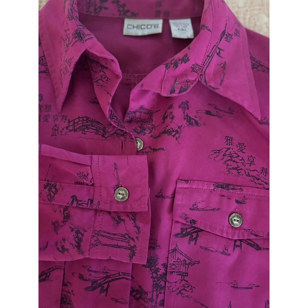 Chico's Asian Long Sleeve Collared Blouse Size‎ Chico Small 4 Sueded Feel Pink